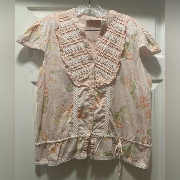 Floral Ruffle Blouse - Pink and Cream - Picture 1 of 7